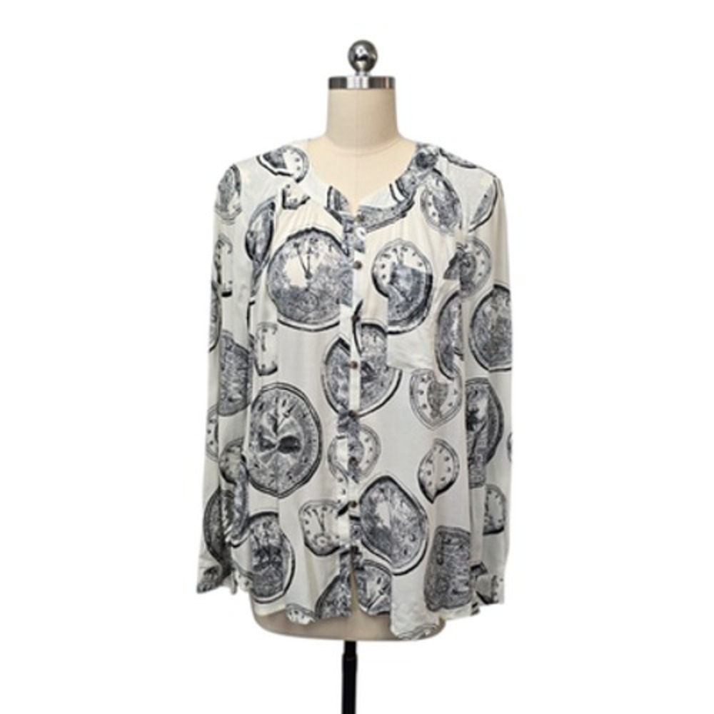 Conversations by‎ Anthropologie Shirt Womens 14 White Black Clock Print Henley